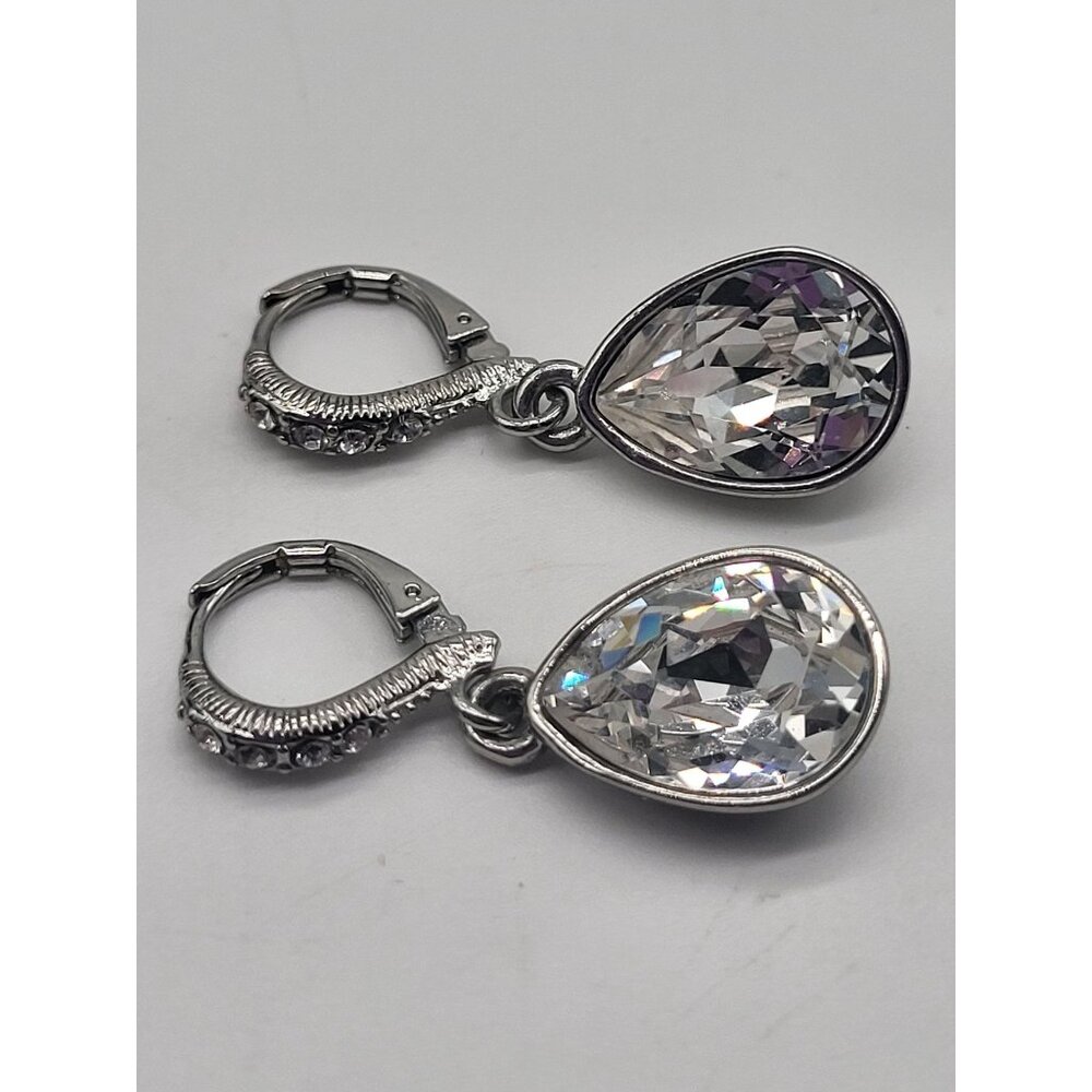 VTG Givenchy Estate Dangle Teardrop Crystal Silver Tone Clip On Earrings - Picture 2 of 6